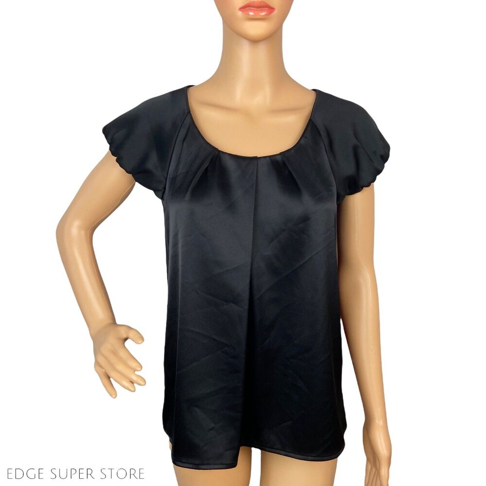 Theory Black Satin Shiny Pleated Short Sleeve Puff Blouse Top Size Petite Small